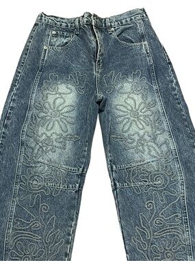 Aaron & Amber Embroidered Floral Wide Barrel Leg Jeans boho 70s